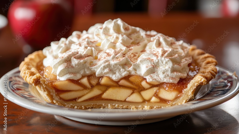 Poster classic apple pie with whipped cream and a flaky crust presented on a rustic plate with a fresh appl