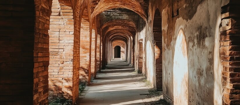 Ancient brick corridor with shadows highlighting architectural details and historical significance in a weathered building setting