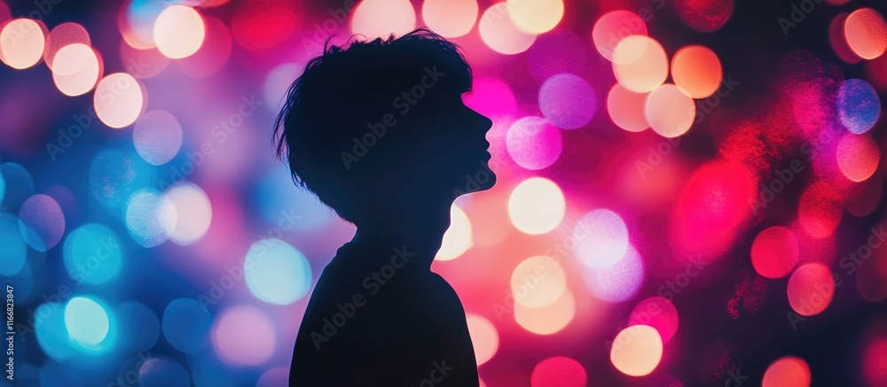 Poster silhouette against vibrant bokeh lights creating a dreamy and colorful atmosphere perfect for artist