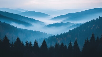 Obraz premium Serene Misty Landscape in Blue Hues with Rolling Hills and Evergreen Forests