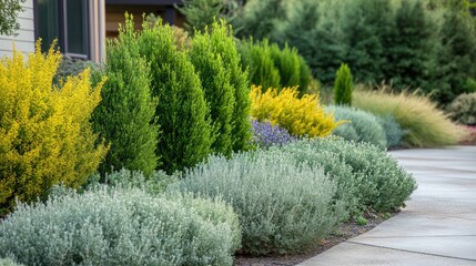 Lush landscape design featuring evergreen shrubs and colorful foliage enhancing curb appeal of a modern home