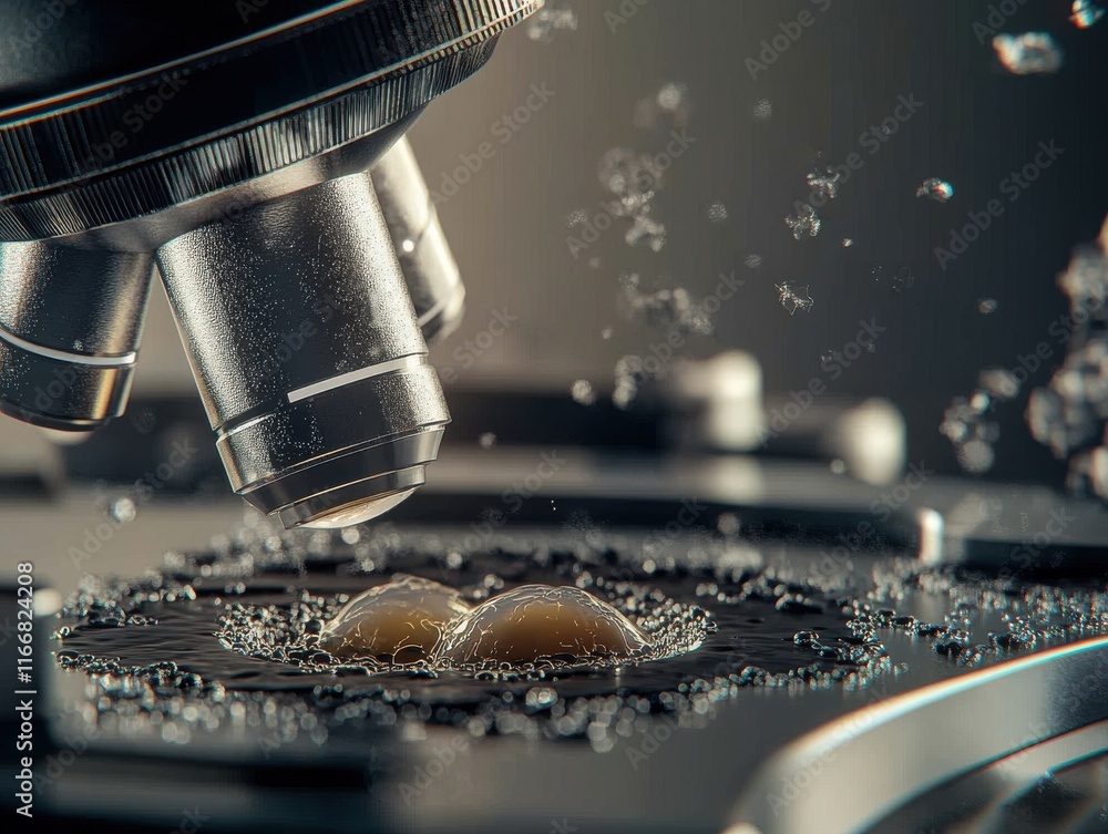 Poster close-up of a microscope focusing on a drop of liquid, showcasing bubbles and intricate details.