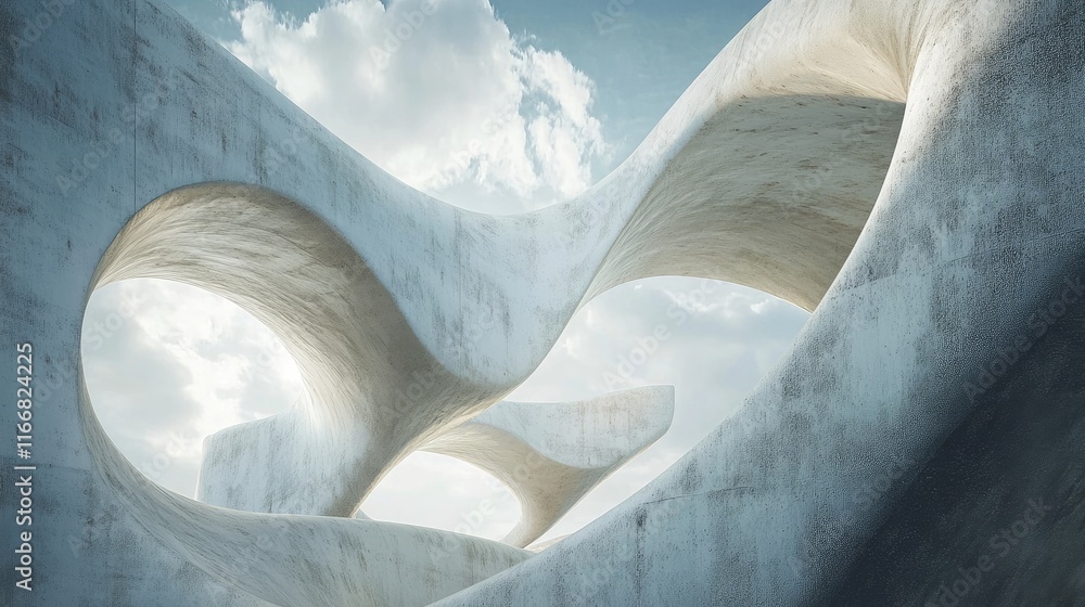 Poster futuristic architectural landscape showcasing dynamic curves and soft lines under a serene sky with 