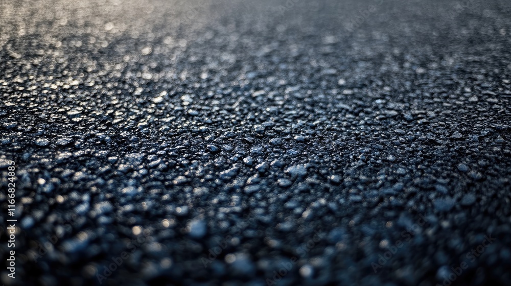 Poster wet asphalt road surface with dark reflective texture highlighting grit and subtle illumination from