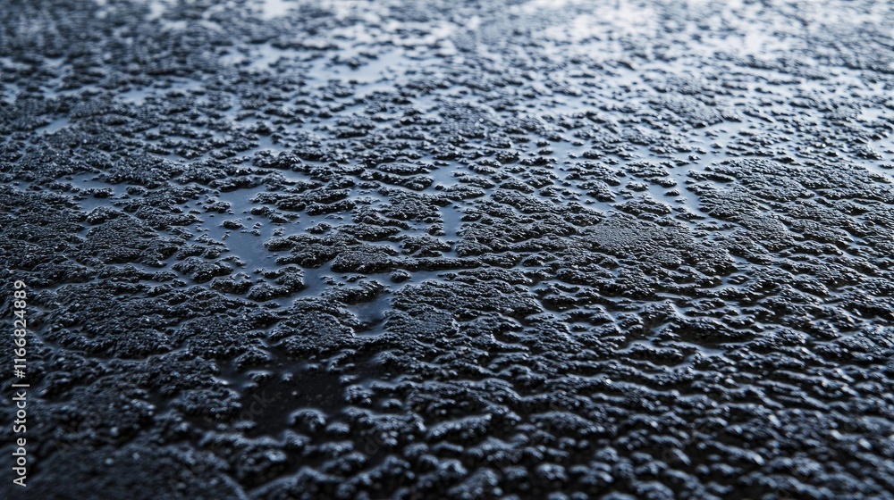 Poster dark textured road surface with wet reflections highlighting grit and subtle illumination from light
