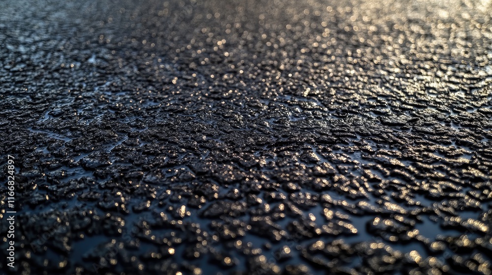 Poster wet textured pavement with reflections and subtle lighting in dark hues focusing on gritty surface d