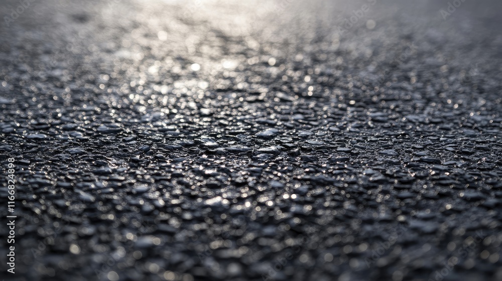 Poster wet asphalt surface with textured reflections and subtle illumination highlighting grit and paving d