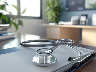 A close-up of a stethoscope resting on a medical file in a bright office setting.