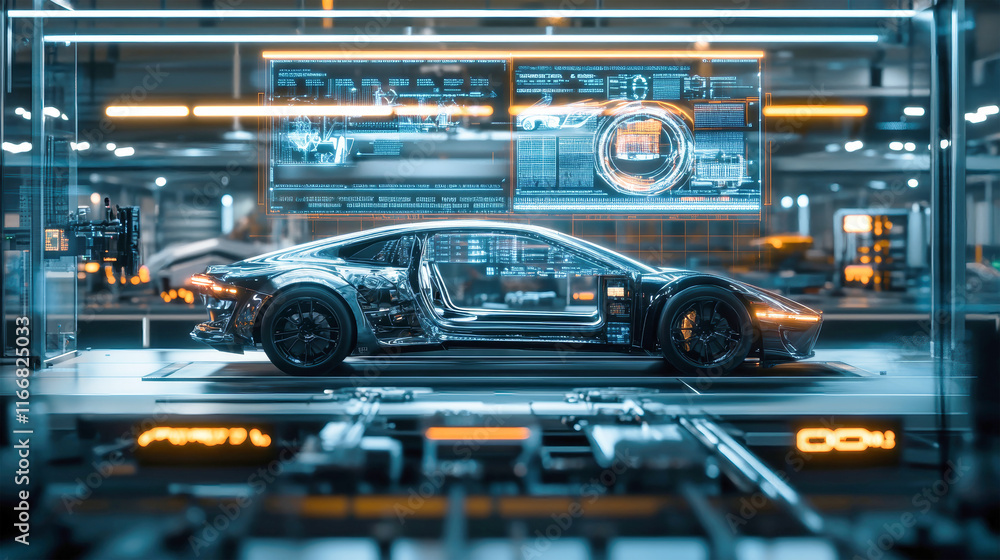 Poster dynamic electric vehicle assembly in high-resolution car production line with advanced technology di