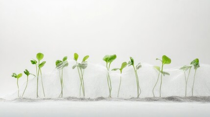 Cress seedlings growing under protective cover on a clean white background showcasing freshness and natural growth in a minimalistic setting