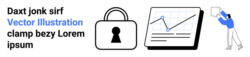 Lock icon signifying security next to a line graph indicating data analytics, with a person holding a board. Ideal for business presentations, cybersecurity, data analysis, statistics, data security