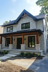 Fototapeta premium New construction of a modern residential home featuring a blend of stone and wood elements set in a suburban neighborhood under a clear blue sky