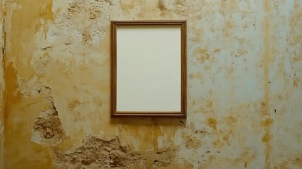 Empty Wooden Frame on Vintage Wall with Peeling Paint and Distressed Texture