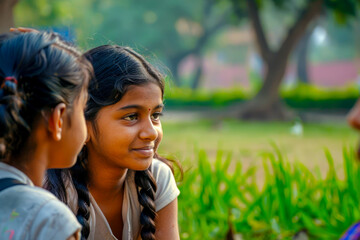 Against the backdrop of a serene park, an Indian girl lends a listening ear to a classmate expressing concerns, her empathy and support fostering a sense of belonging and camaraderie.