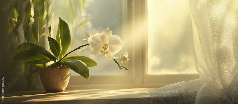 Poster elegant white orchid on a sunlit windowsill creating a soft blurred effect symbolizing tranquility a