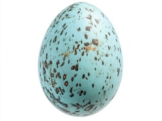 A beautifully speckled blue egg on a white background, showcasing a unique natural pattern.