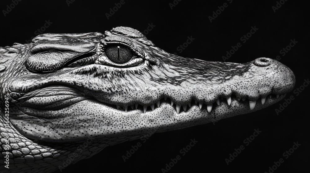 Poster crocodile head close up in black and white showcasing intricate textures and sharp features against 