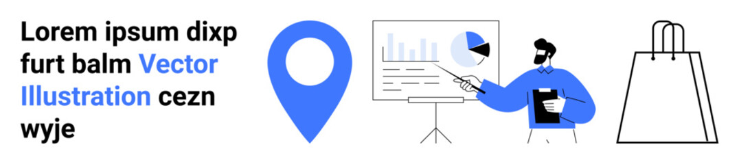 Abstract business presentation with a chart, blue location tag, and shopping bag. Ideal for business analytics, e-commerce, retail, marketing, presentations, project management digital marketing