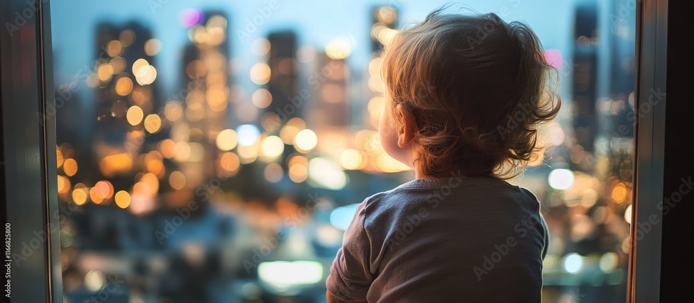 Poster toddler observing a city skyline through a window with a dreamy bokeh effect creating a serene and c