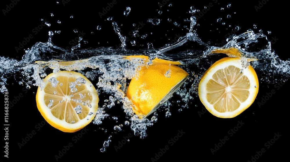 Poster citrus splash fresh lemons dropping into water creating bubbles and splashes on black background