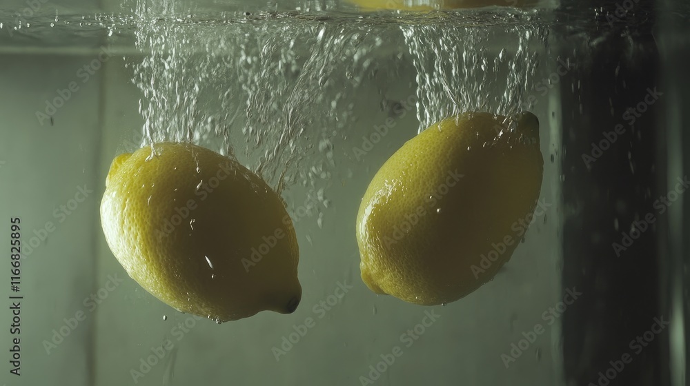 Poster fresh lemons splashing into clear water creating vibrant bubbles in a dynamic and refreshing culinar