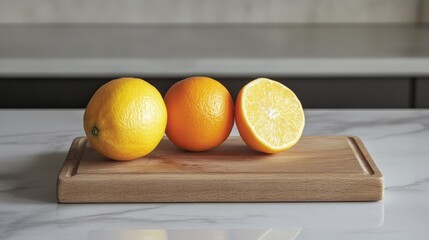 Fresh citrus fruits lemon and orange displayed on a wooden cutting board highlighting their vibrant...