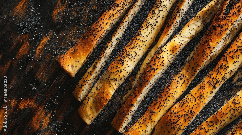 Poster crispy poppy seed bread sticks arranged on a wooden backdrop creating a textured culinary background