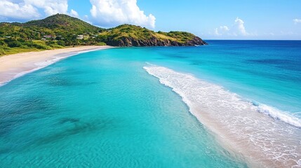 Obraz premium Idyllic beachside view of crystal-clear waters and gentle rolling waves