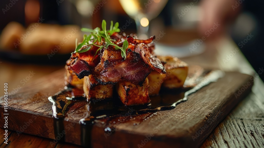 Poster crispy bacon topped wooden platter with aromatic garnish on rustic table setting