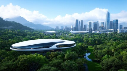 Futuristic architecture surrounded by lush greenery and city skyline.