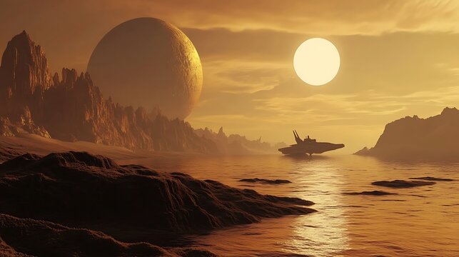 Futuristic Landscape with Alien Planet, Spaceship, and Vibrant Sunset