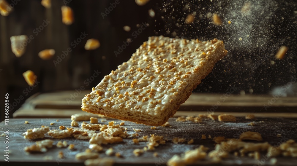 Poster crispbread floating in air with crumbs falling on rustic wooden table background