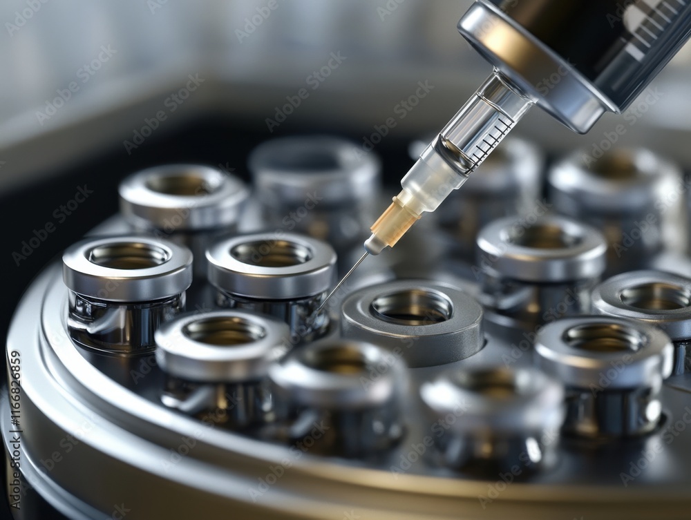 Poster a close-up of a syringe injecting fluid into small vials in a laboratory setting.