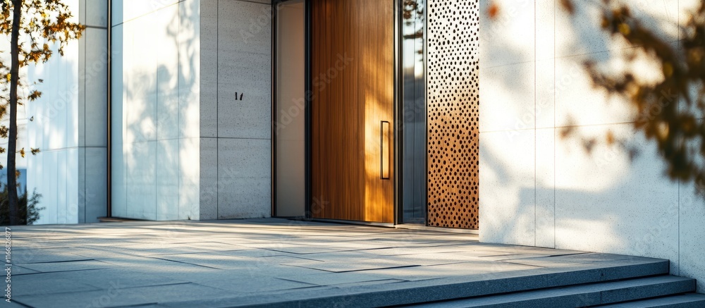 Poster close up of a modern architectural door featuring intricate design elements and textures in a contem