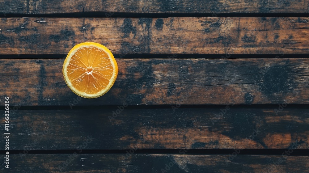 Poster freshly cut lemon slice displayed on rustic wooden surface highlighting vibrant color and texture of