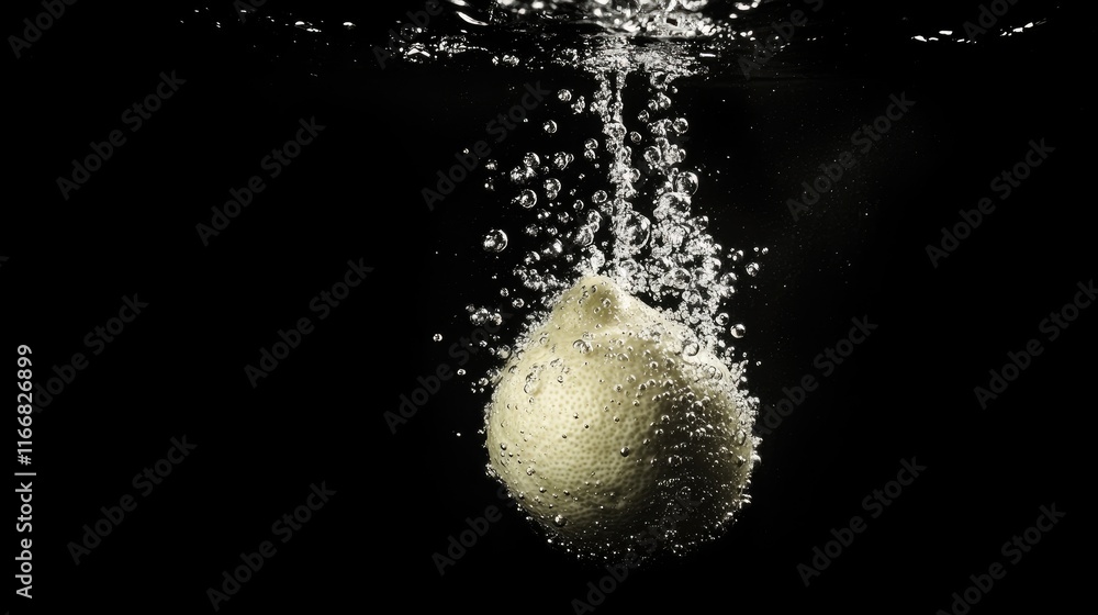 Poster lemon splash in water with bubbles creating dynamic underwater composition on black background