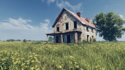 Fototapeta premium Abandoned farmhouse in a vibrant grassy field under a clear blue sky showcasing decay and nostalgia of rural life