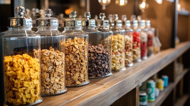 Various grains and cereals displayed in glass jars on a rustic buffet table for a vibrant morning breakfast setting