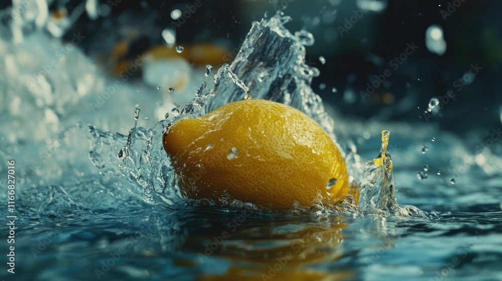 Poster lemon splashing into clear water creating dynamic ripples and vibrant droplets in a refreshing and e