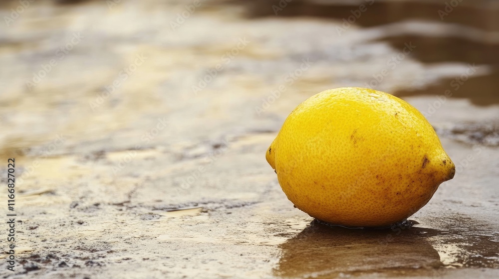 Poster lemon resting on a wet surface after rain highlighting freshness and nature's elements in a rustic s