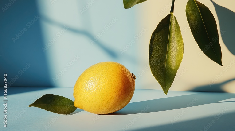 Aufkleber fresh lemon with green leaf resting on a pastel background creating a vibrant and elegant fruit disp