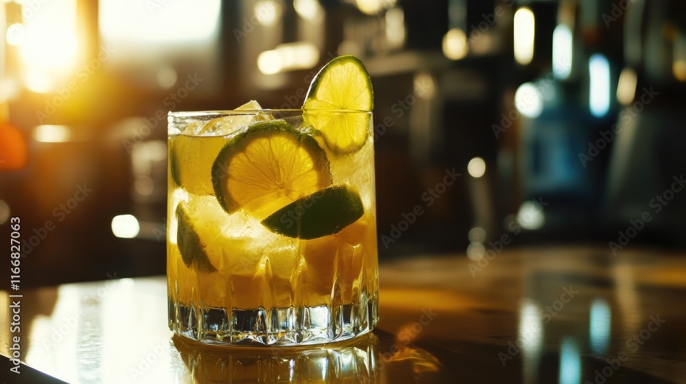 Poster refreshing caipirinha cocktail with lemon and lime slices garnish on a bar counter backlit by warm s