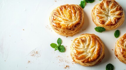 Freshly baked puff pastry arranged artistically on a light surface garnished with mint leaves for an appealing food presentation.