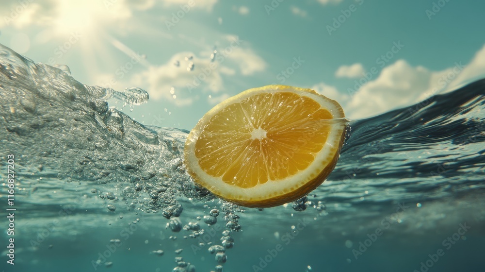 Poster lemon half splashing into clear water with sunlight creating a refreshing and vibrant atmosphere in 