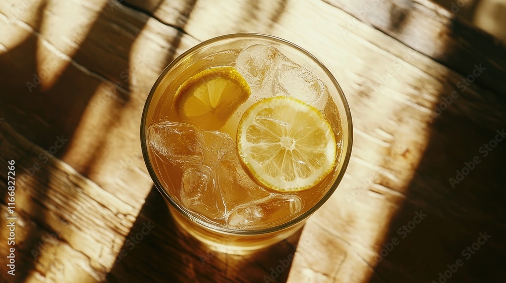 Poster refreshing lemon ice tea served in a glass filled with ice and lemon slices on a rustic wooden table