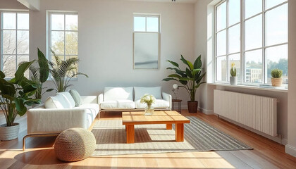 Fototapeta premium Bright interior design with modern furniture and summer landscape in window. 3D illustration
