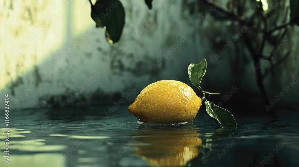 Aufkleber lemon floating in tranquil water with green leaves and textured background creating a serene natural