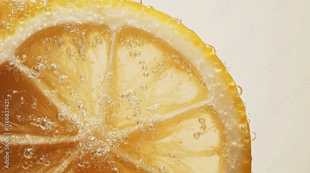 Poster fresh lemon slice immersed in sparkling water with bubbles against a soft light background creating 