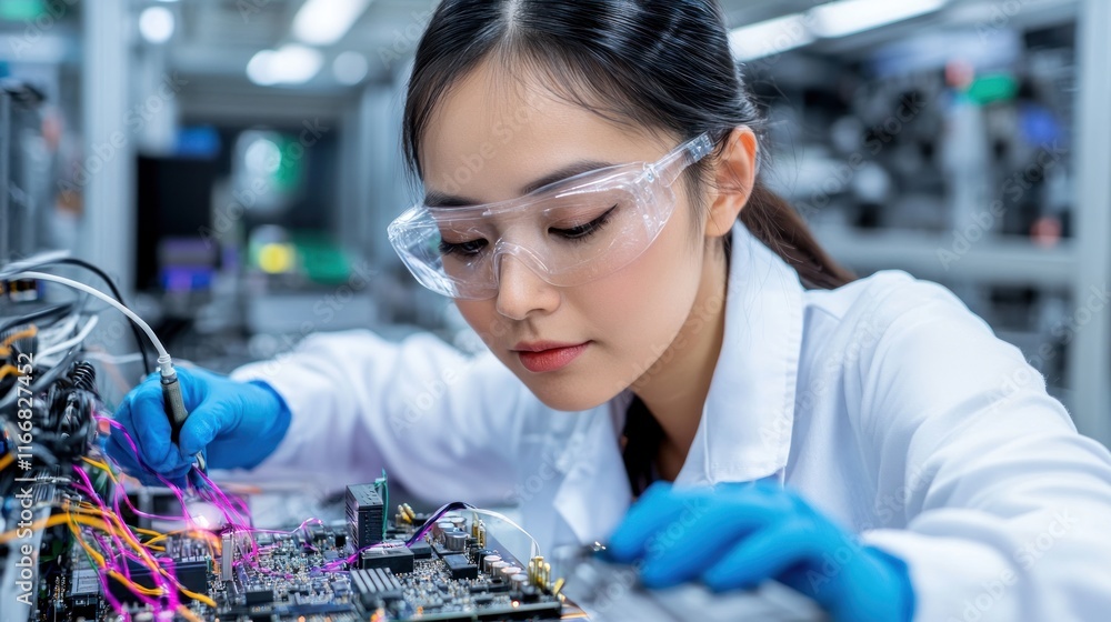 Poster technician working on electronic circuitry in a laboratory setting.