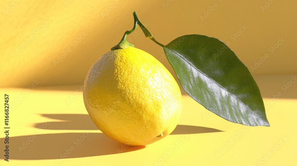 Poster fresh lemon with green leaf on vibrant yellow background creating a bright and inviting natural sett